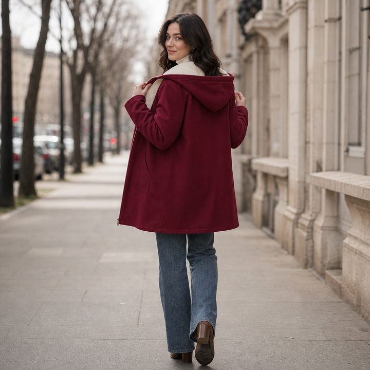 Cozelle – Fleece-Lined Look Hooded Mid-Length Jacket