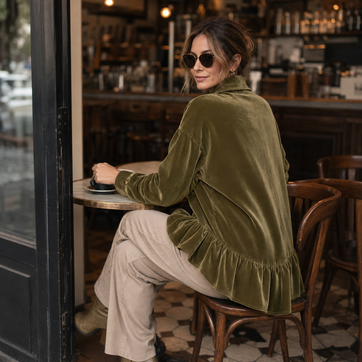 Velvetta – Asymmetric Button Cowl-Neck Peplum Top