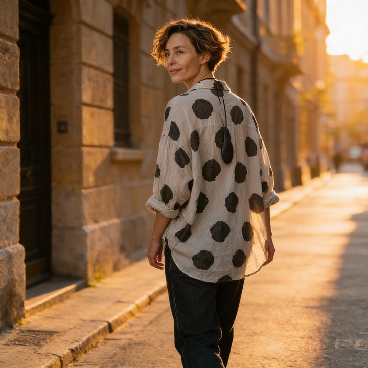 Marelle – Polka Dot Cotton-Linen V-Neck Blouse