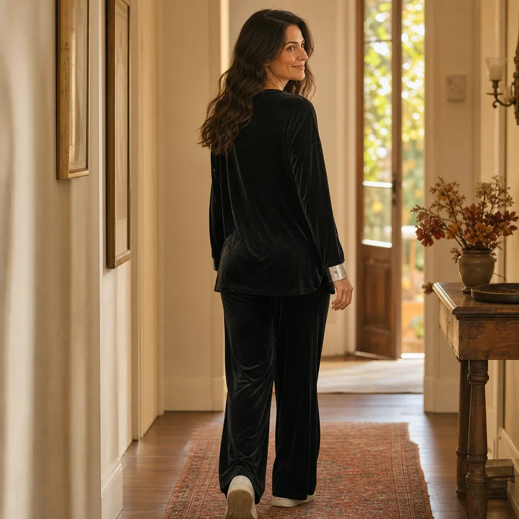 Veloura – Velvet-Look Long-Sleeve Top And Wide-Leg Pants Set