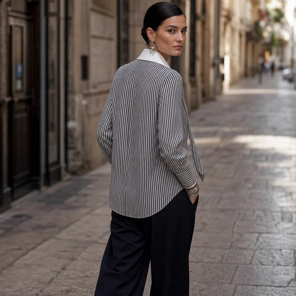 Overa – Black And White Striped Tie-Neck Blouse