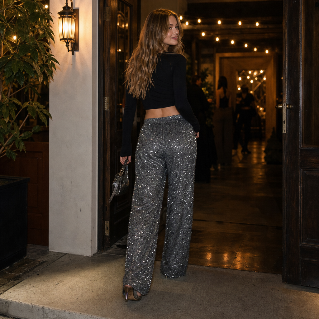 Glimmerelle – Sequin Elastic Waist Wide-Leg Pants