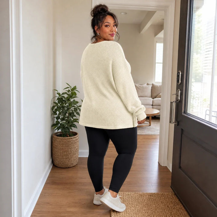 Vellune – V-Neck Waffle-Knit Long Sleeves Sweater