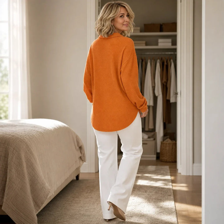 Autumnelle – Waffle-Textured Long-Sleeve V-Neck Blouse