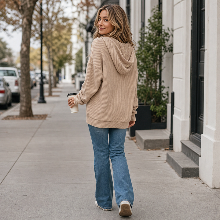 Wovella – Ribbed Knit Button-Neck Hoodie Sweater