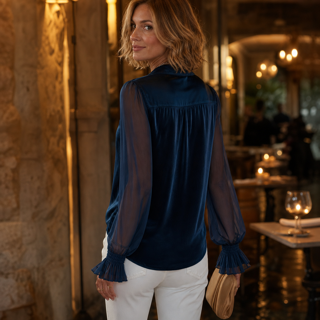 Veloura – Velvet Patchwork Ruffle Sleeve Blouse