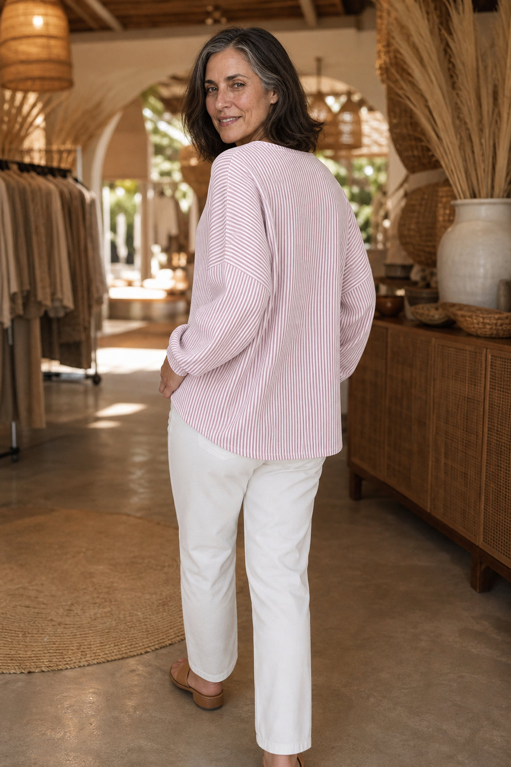 Everline – Striped Long Sleeve Zip-Up Top