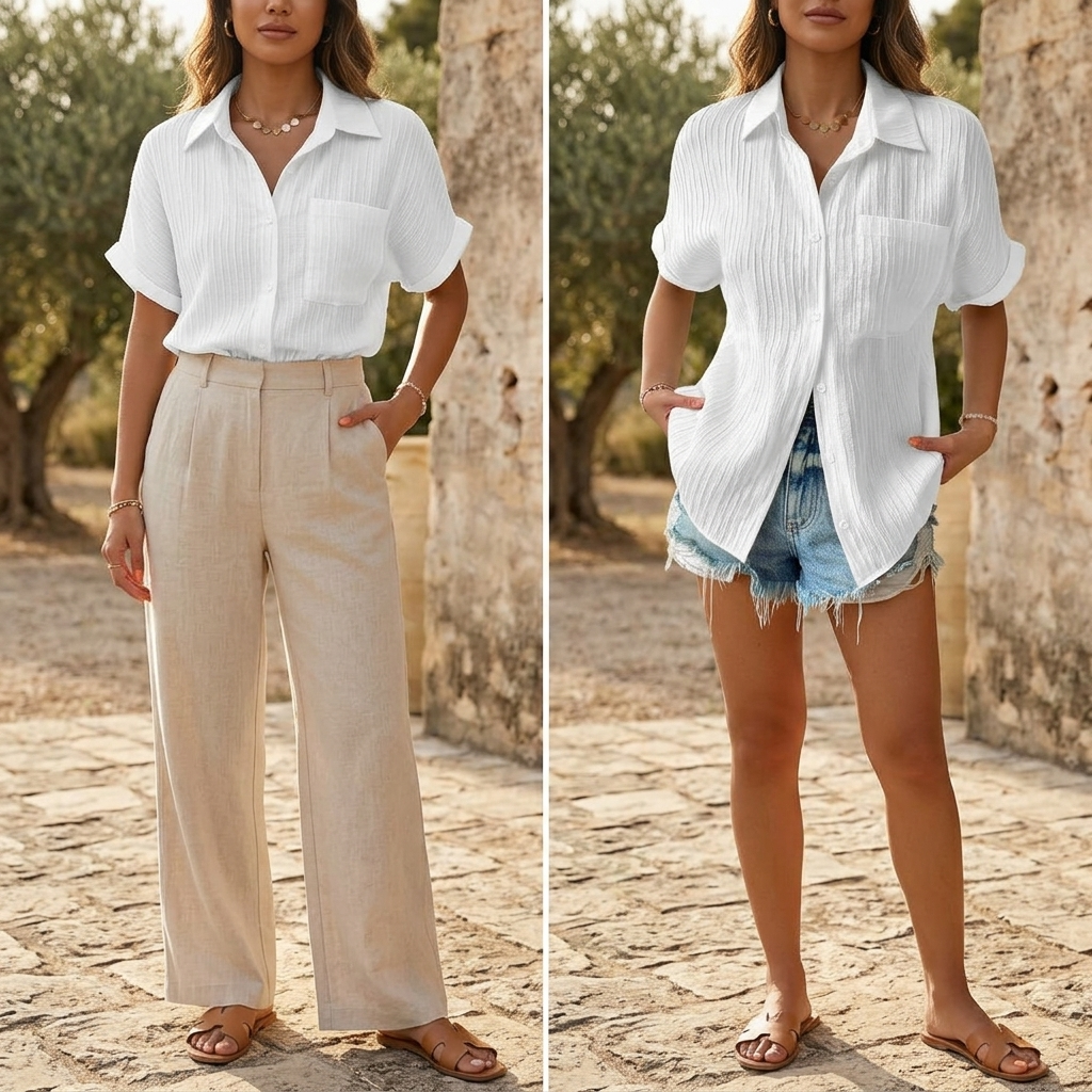 Vivara™ – Textured Crinkle Button Down Blouse
