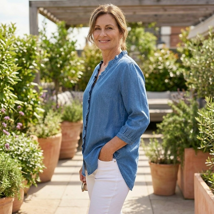 Wrenley™ – Soft Ruffled Denim Shirt with High Low Hem