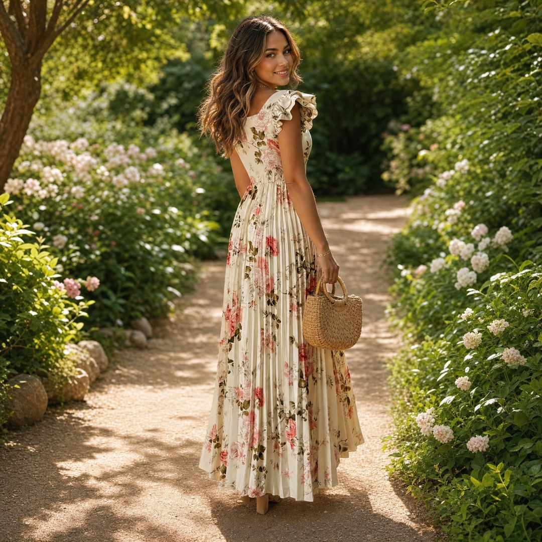 Florelle™ - Square-Neck Floral Pleated Maxi Dress