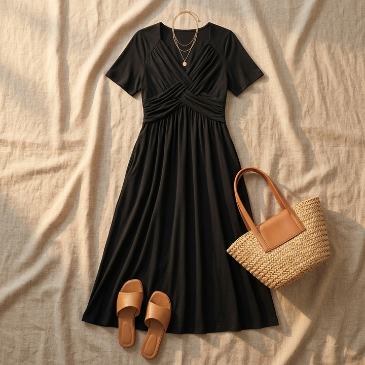 Veluna™ - Crossover V-Neck Midi Dress with Pockets