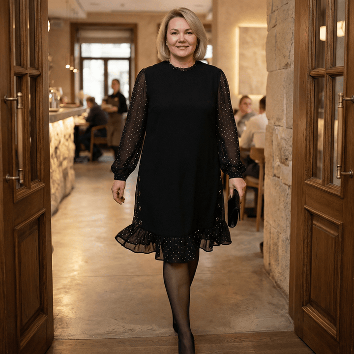 Lumiveil™ – Rhinestone Mesh Sleeve Dress with Ruffle Hem - Lark & Clover