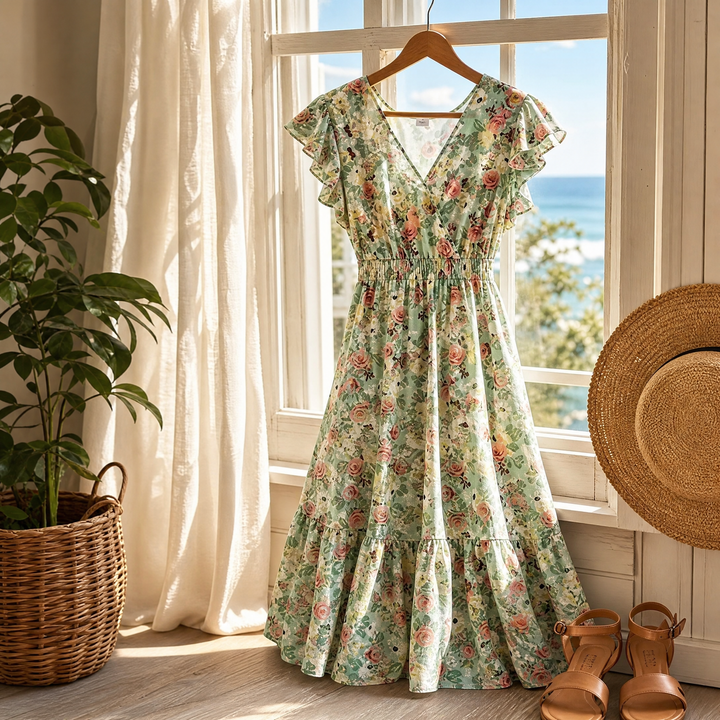Florenza™ – Floral V-Neck Smocked Waist Midi Dress