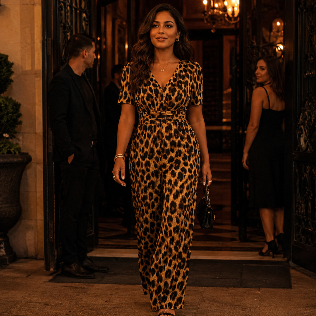 Florenza™ – Cinched-Waist Leopard Jumpsuit