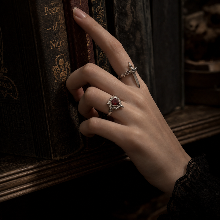 Noctelle™ Pierced Heart Ring Set with Garnet Stone