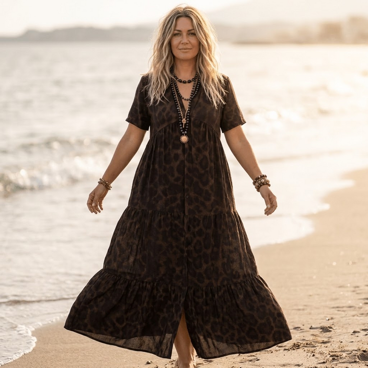 Velorra™ – Tiered Leopard Maxi Dress for Curvy Comfort