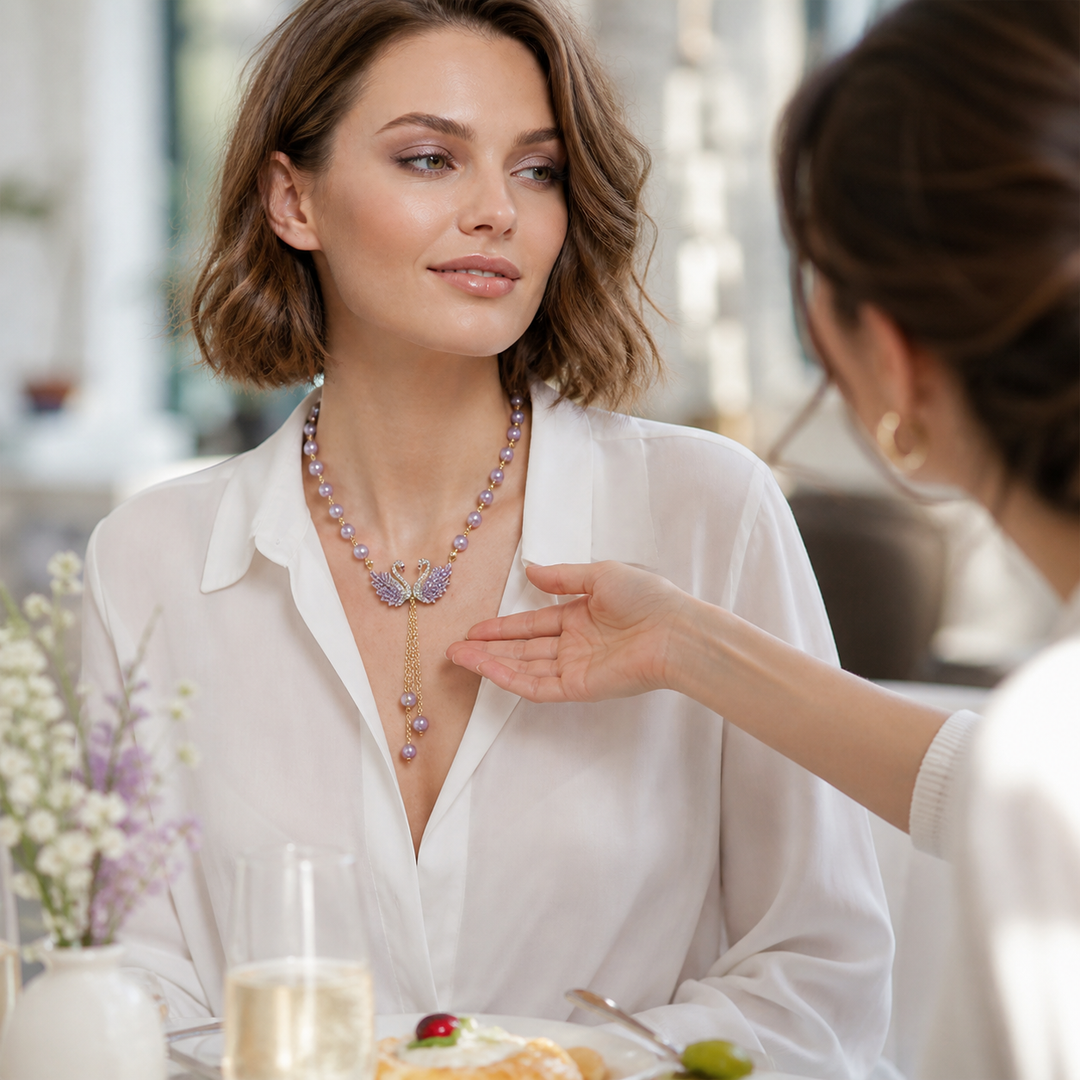 Lunabelle™ Twin-Swan Pearl Tassel Necklace