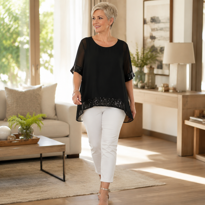 Lunara™ – Sequin Trim Layered Chiffon Top