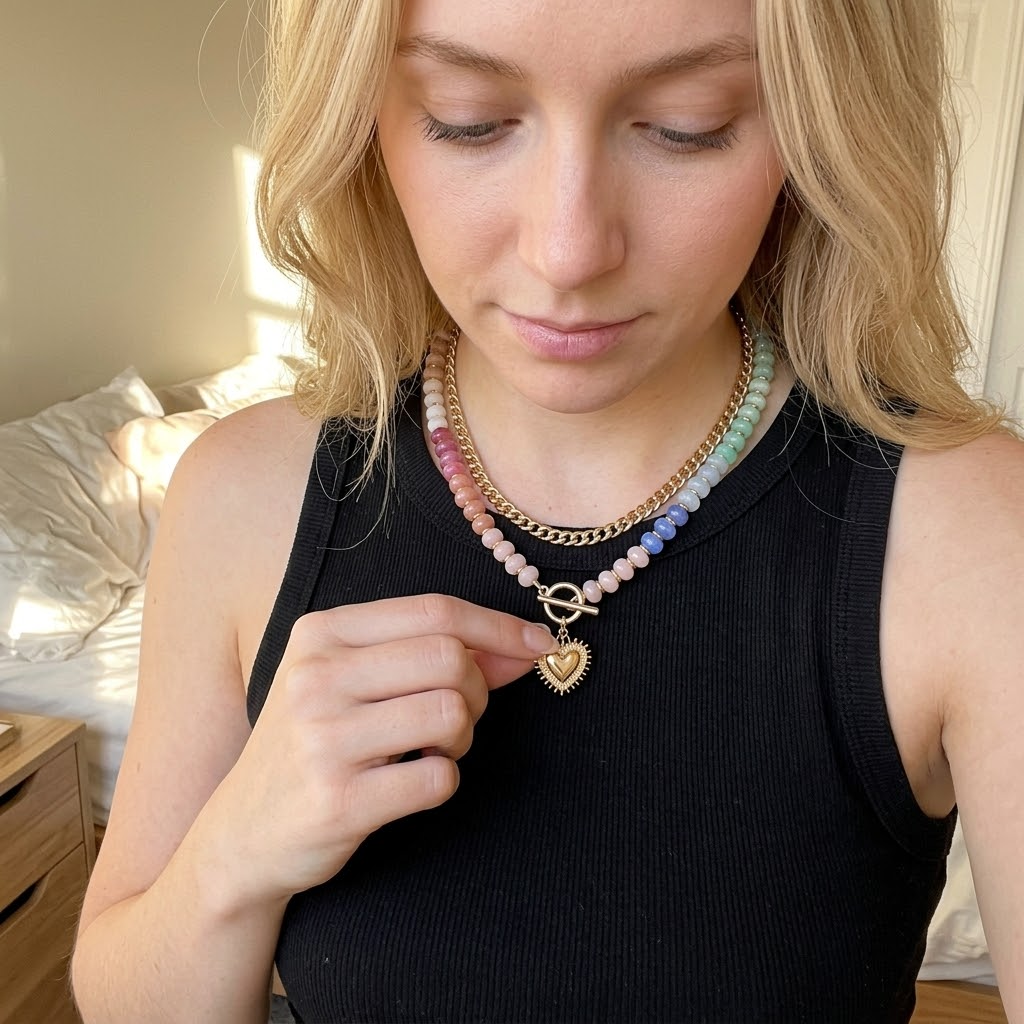 Lunavia™ – Pastel Bead Layered Necklace with Gold Heart**