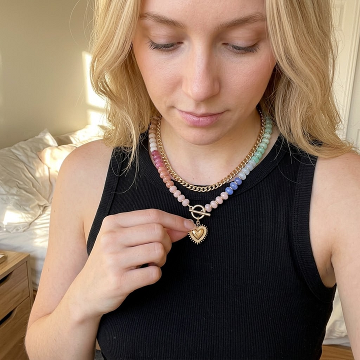 Lunavia™ – Pastel Bead Layered Necklace with Gold Heart**