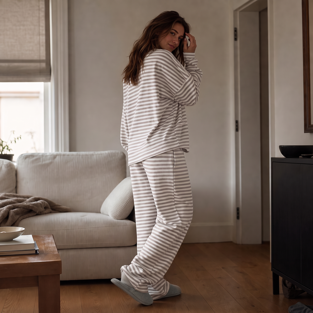 Stripe & Ease – Striped Top And Drawstring Wide-Leg Pants Set