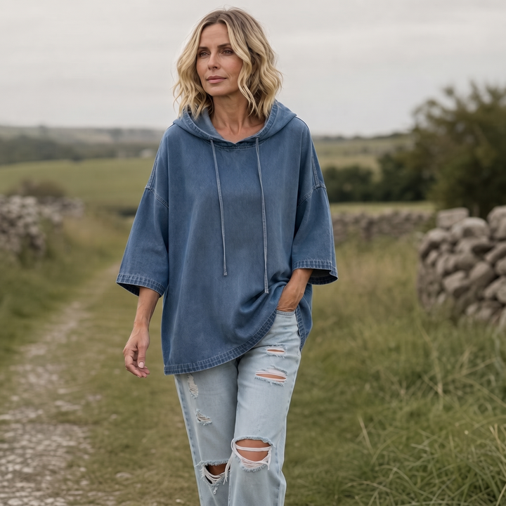 Wearbella – Oversized Washed Denim Hooded Pullover