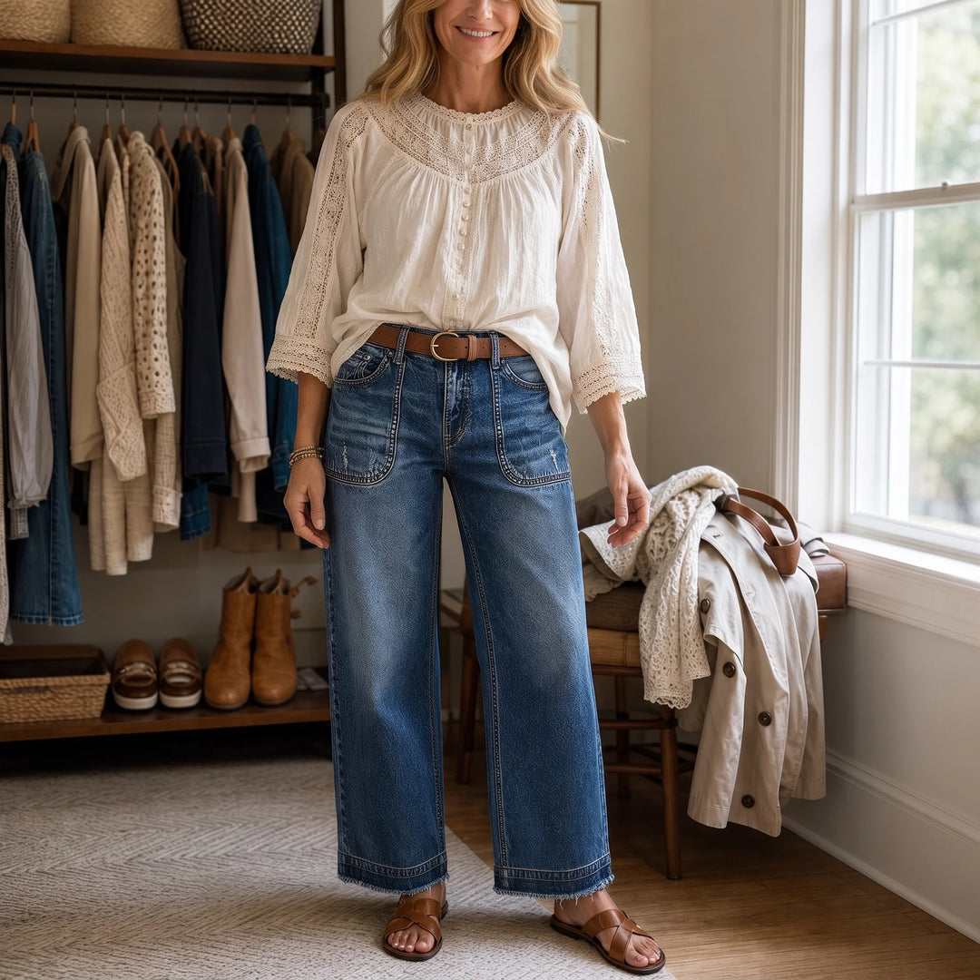 Vintara – Patch Pocket Distressed Straight-Leg Jeans