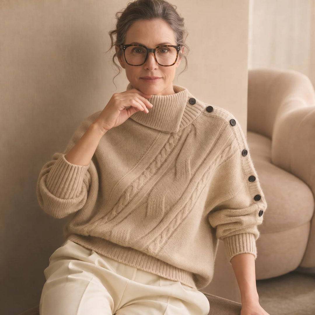 Cabledge – Diagonal Cable-Knit Button-Neck Sweater
