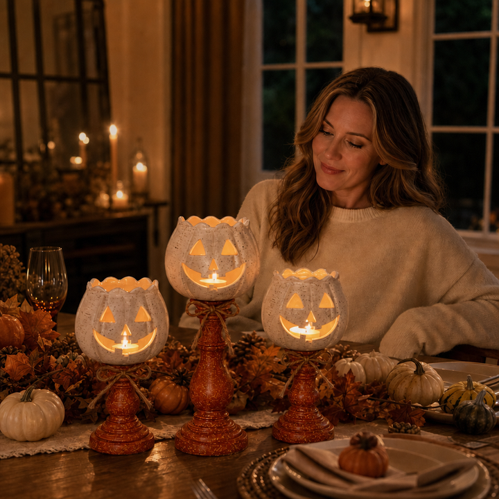 Harvestglow – Distressed Layered Pumpkin Candle Holder Trio (3-pack)