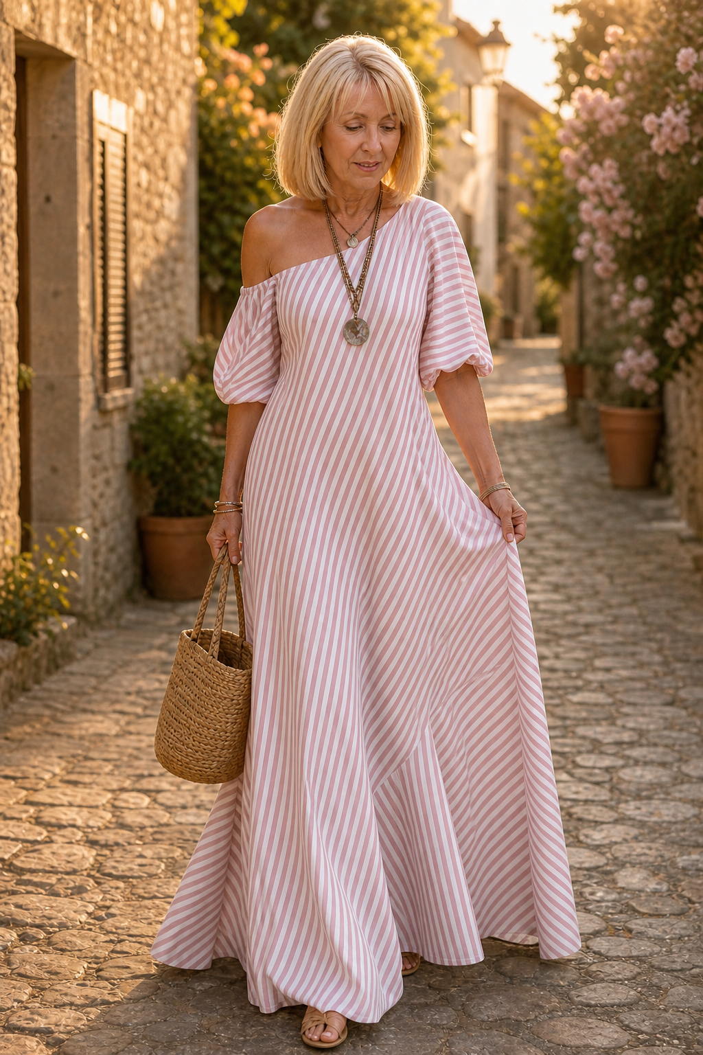 Onestrand – Striped One-Shoulder Puff Sleeve Maxi Dress