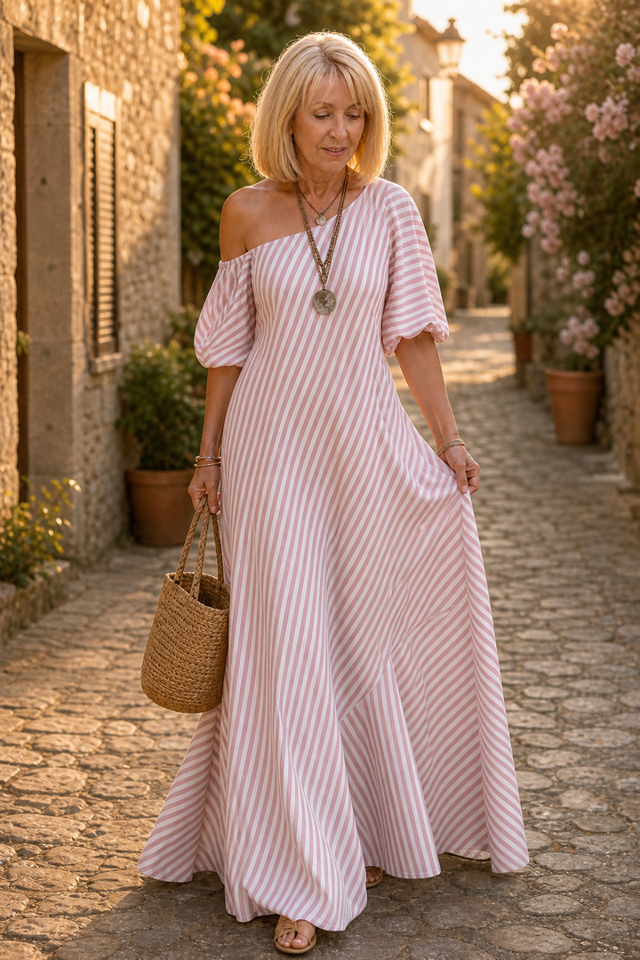 Onestrand – Striped One-Shoulder Puff Sleeve Maxi Dress