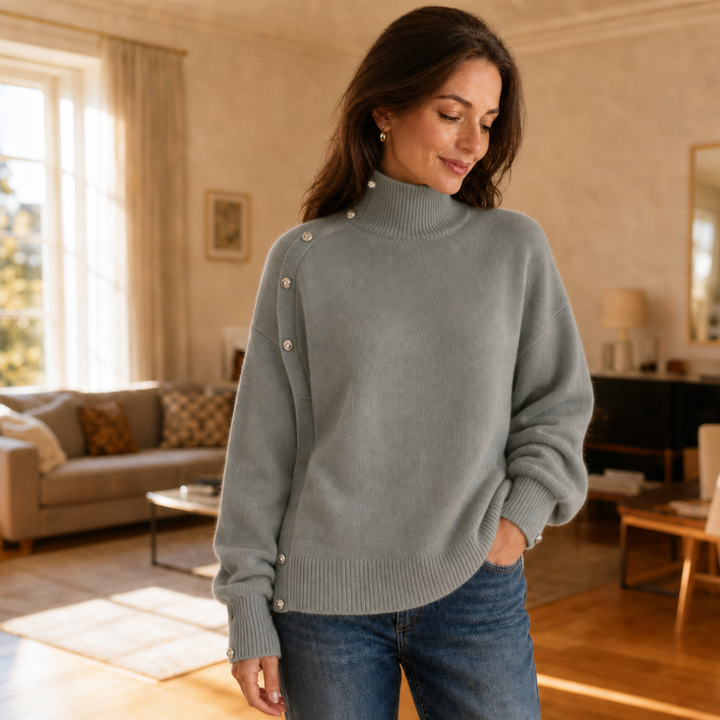 Marlowe – Oversized Gold-tone Button Mock-Neck Sweater