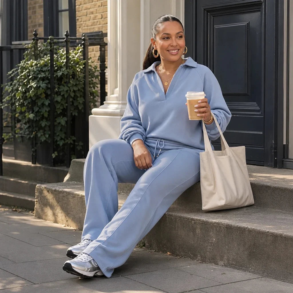 Velaire – Collared V-Neck Top And Straight-Leg Pants Set