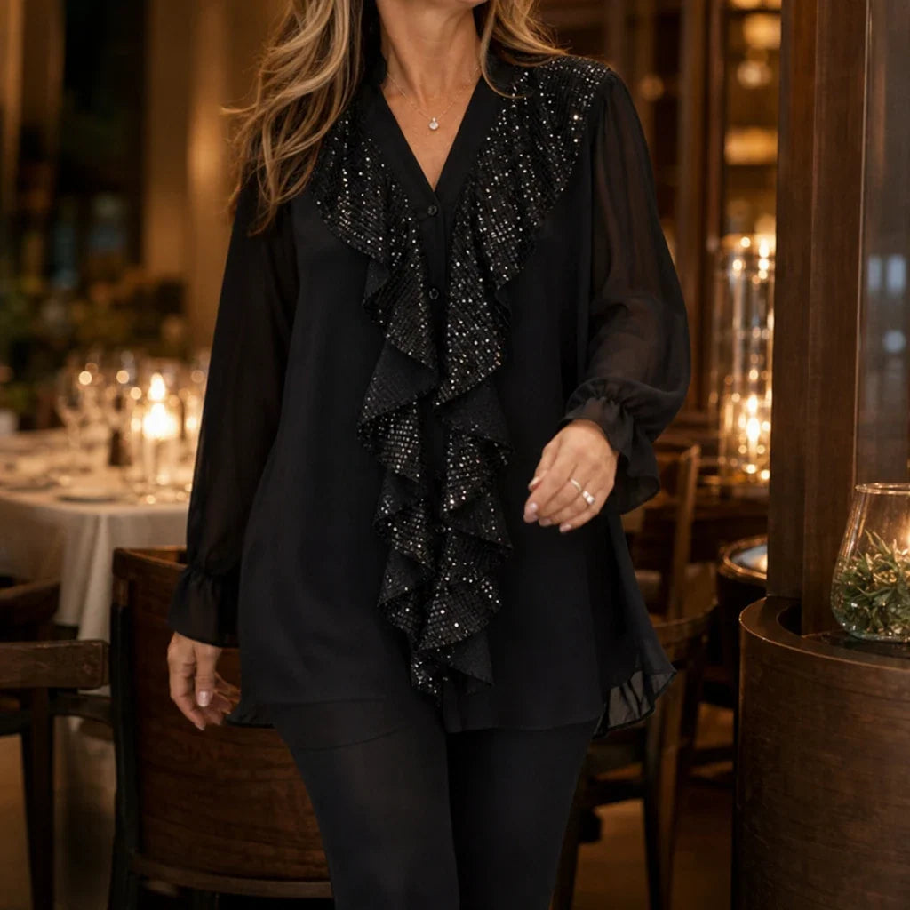 Vellora – Sequin Ruffle V-Neck Blouse