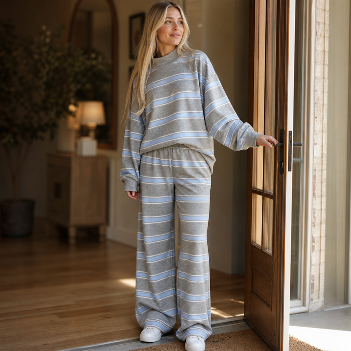 Stripe & Ease – Striped Mock-Neck Top And Wide-Leg Pants Set