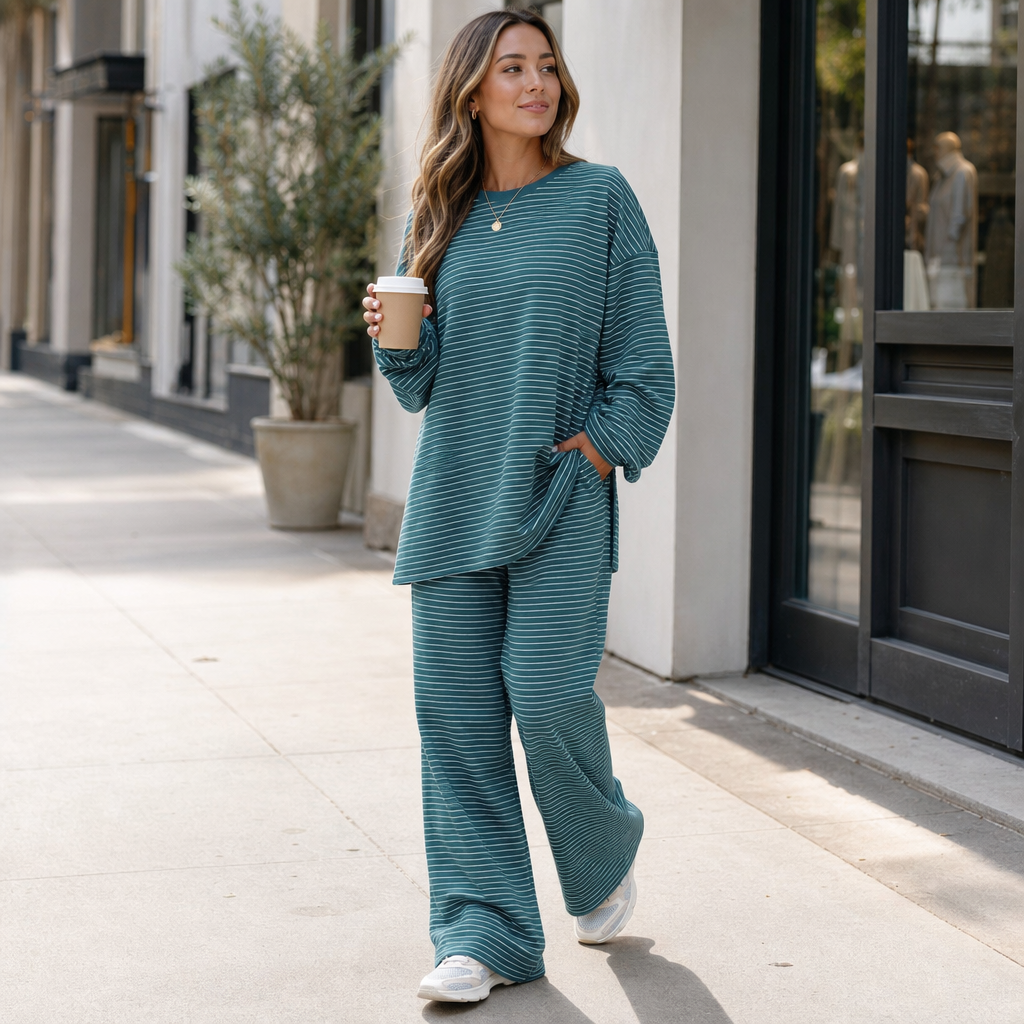 Stripe & Ease – Striped Pullover And Wide-Leg Pants Set