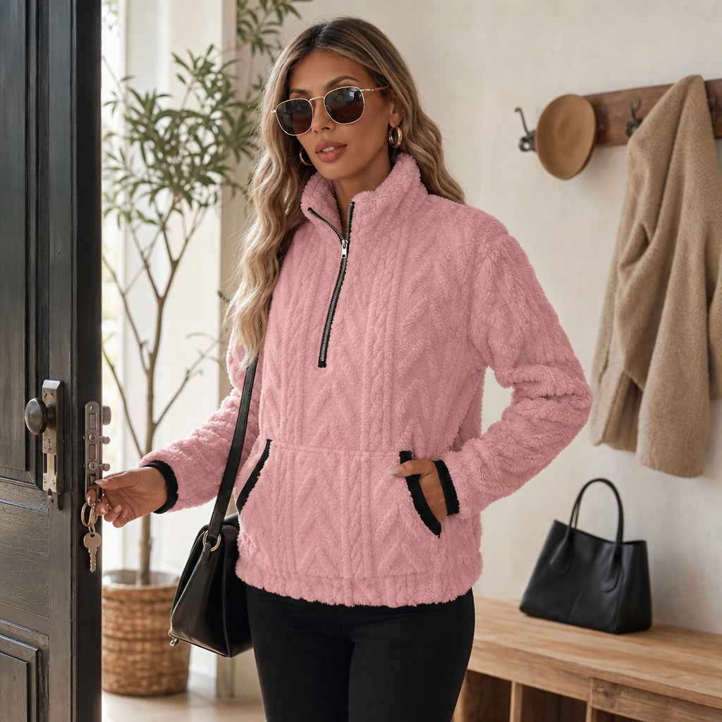 Cloudessa – Half-Zip Fuzzy Pullover With Kangaroo Pocket
