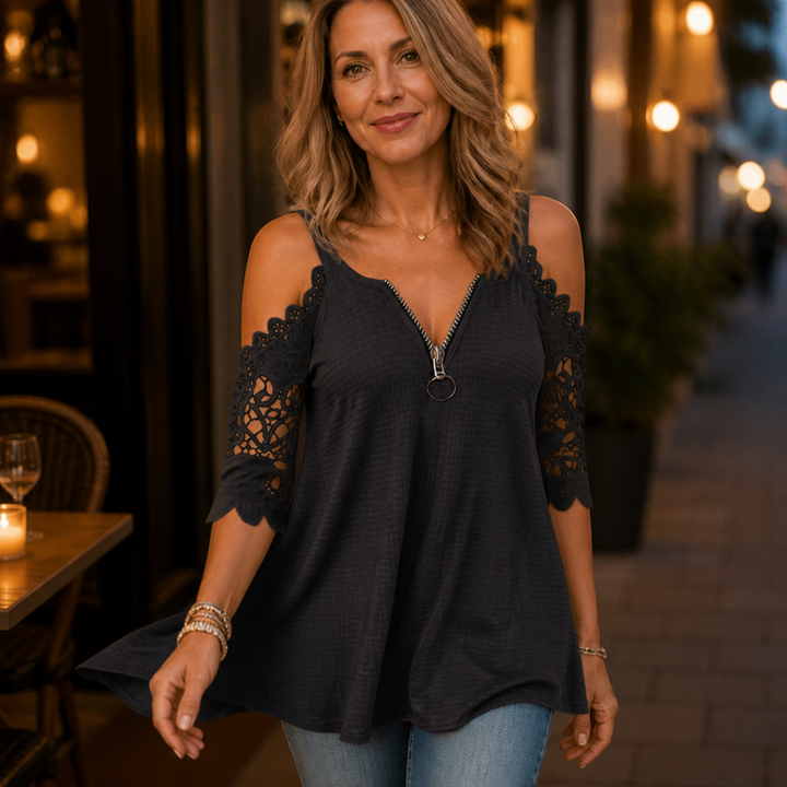 Wearbella – Cold-Shoulder Lace-look Sleeve Zip-Back Top