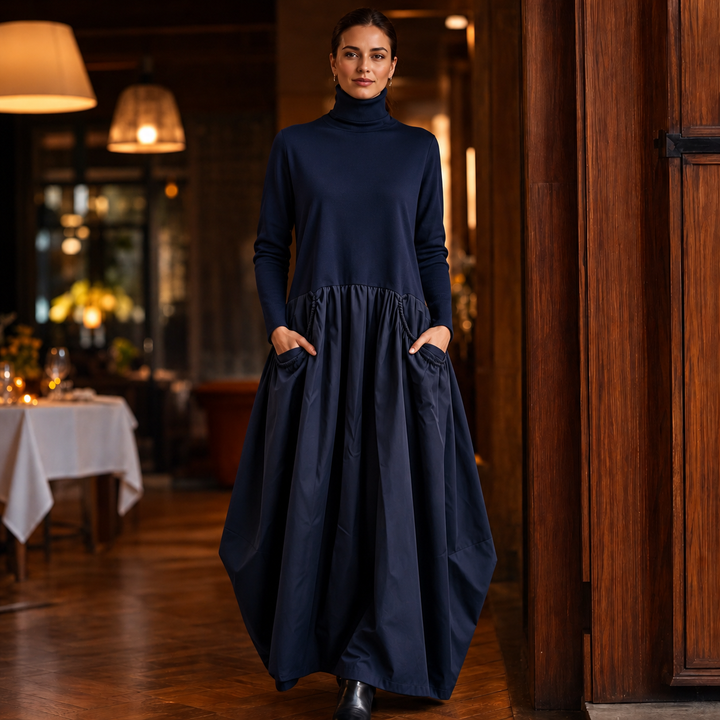 Sloane – Oversized High-Neck Gathered Maxi Dress