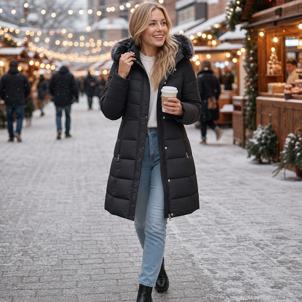 Chevronwarm – Longline Puffer Coat With Fur Hood