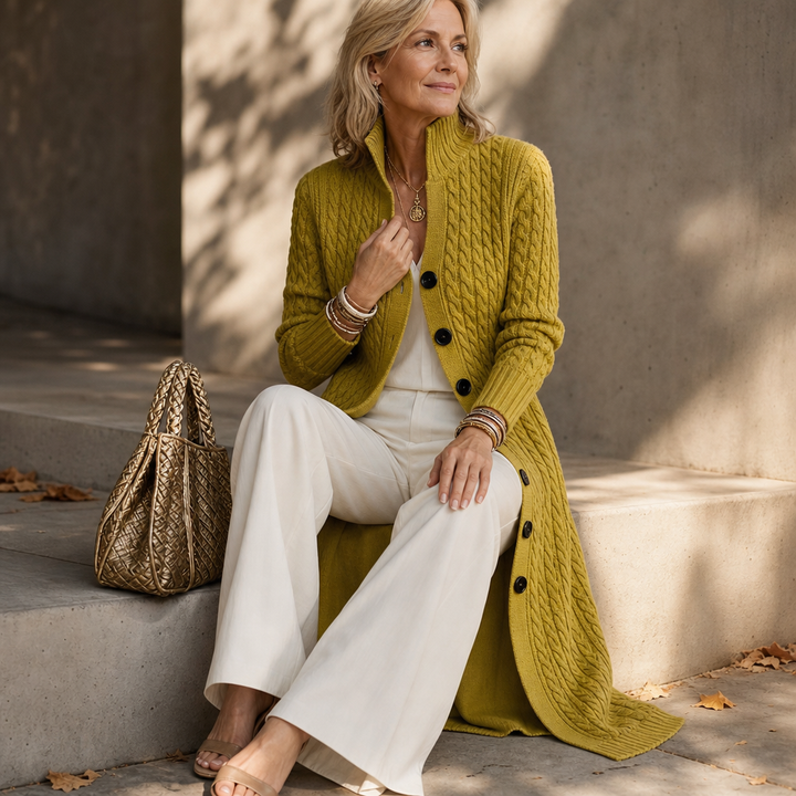Cablemere – High Collar Cable-Knit Duster Cardigan