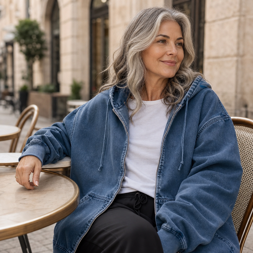 Denim Muse – Oversized Washed Denim Zip-Up Hoodie Jacket