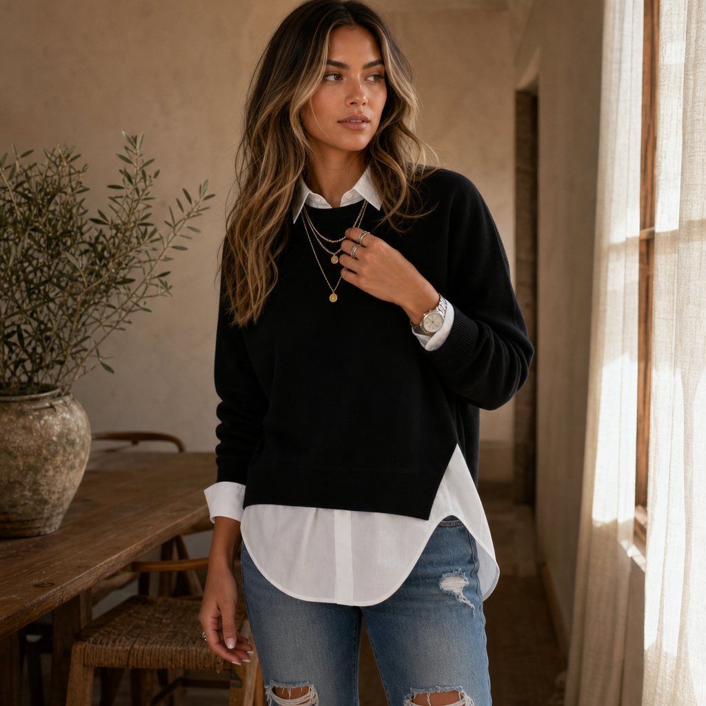 Averlyn – Layered Mock Shirt Collar Crewneck Sweatshirt
