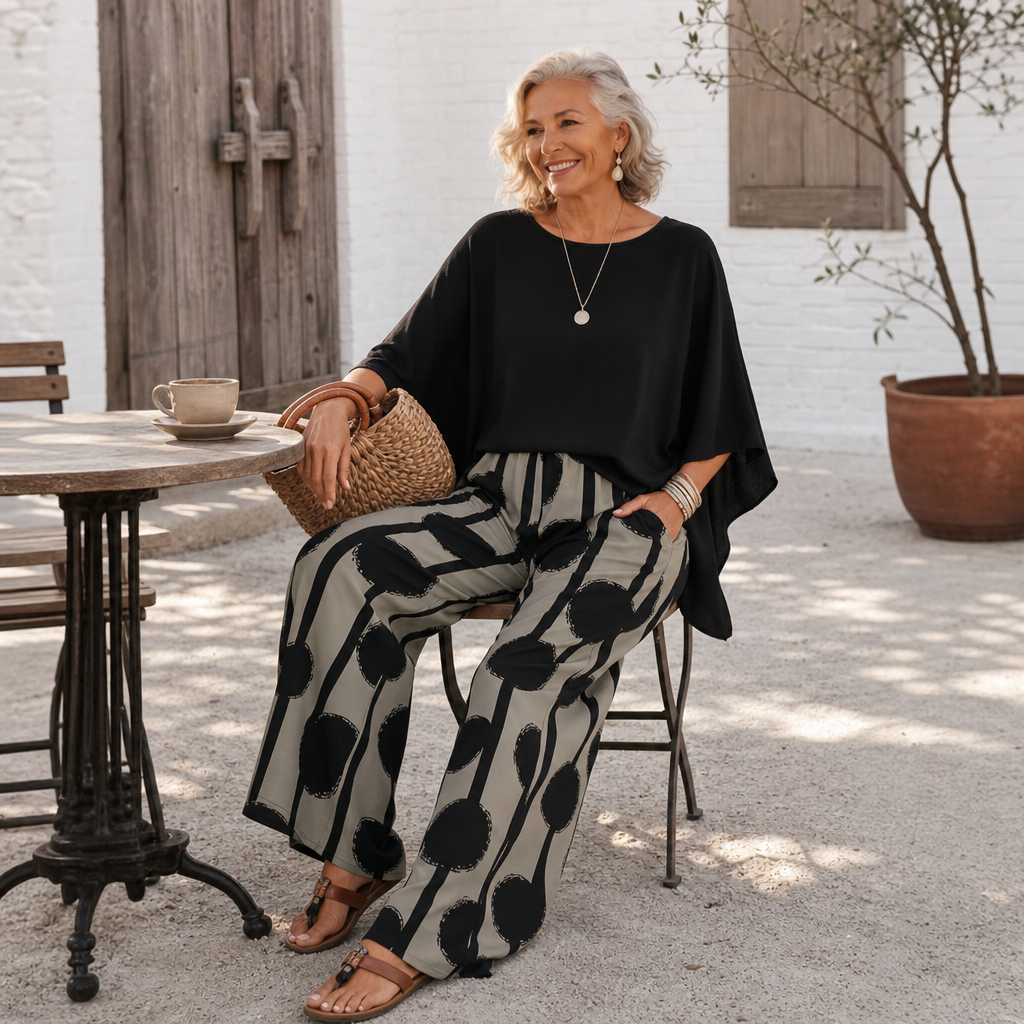 Lunetta – Asymmetric Poncho Top And Wide-Leg Pants Set