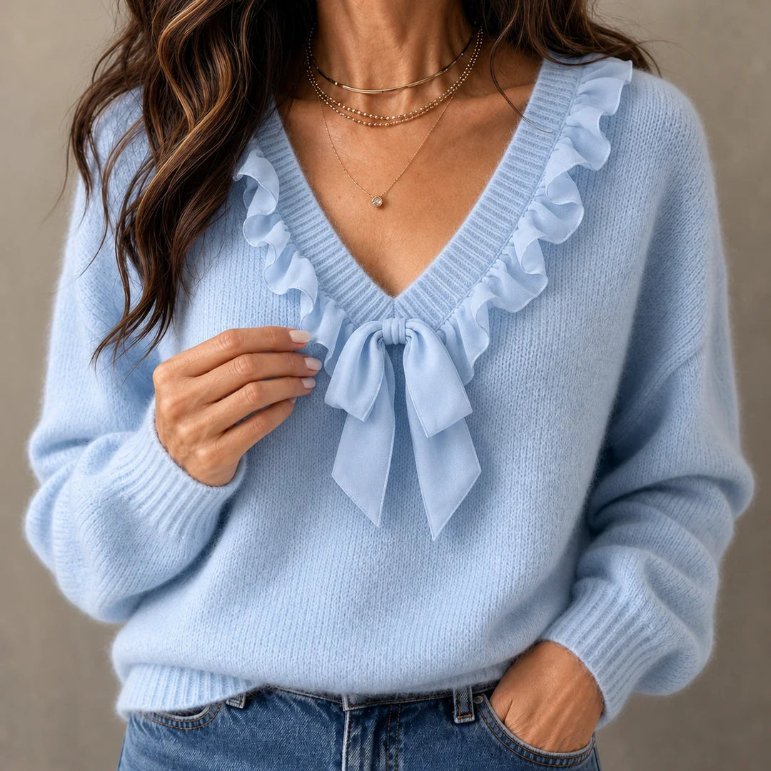 Chiffonelle – Bow-Front Ruffle-V-Neck Knit Top