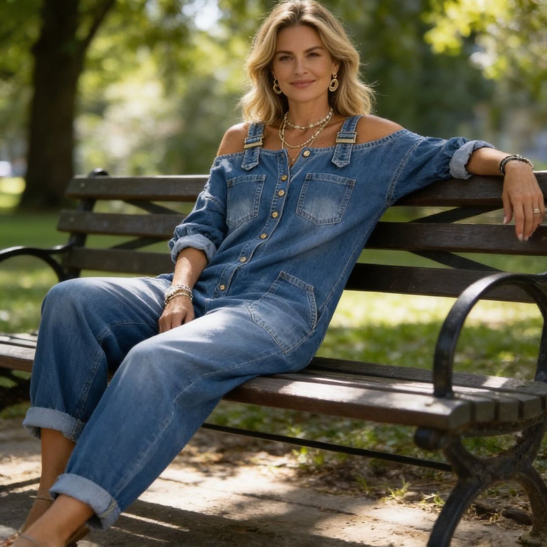 Wearbella – Wide-Leg Cold-Shoulder Denim Overall Jumpsuit
