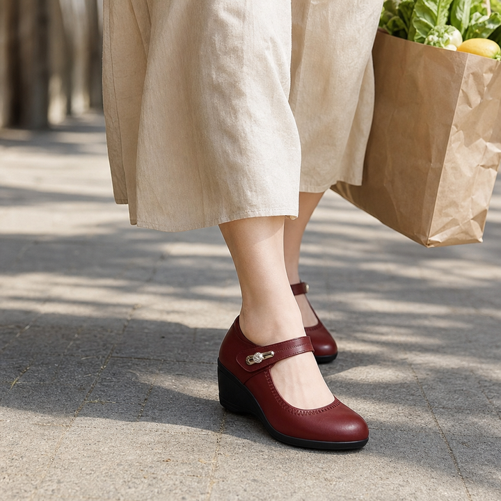 Solvana – Strap-Fastened Faux Leather Mary Jane Flats