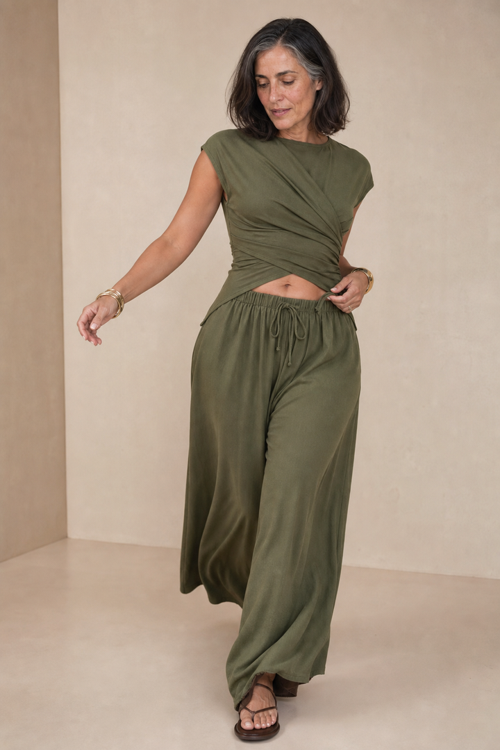 Wrapwell – Crossover Wrap Top And Wide-Leg Pants Set