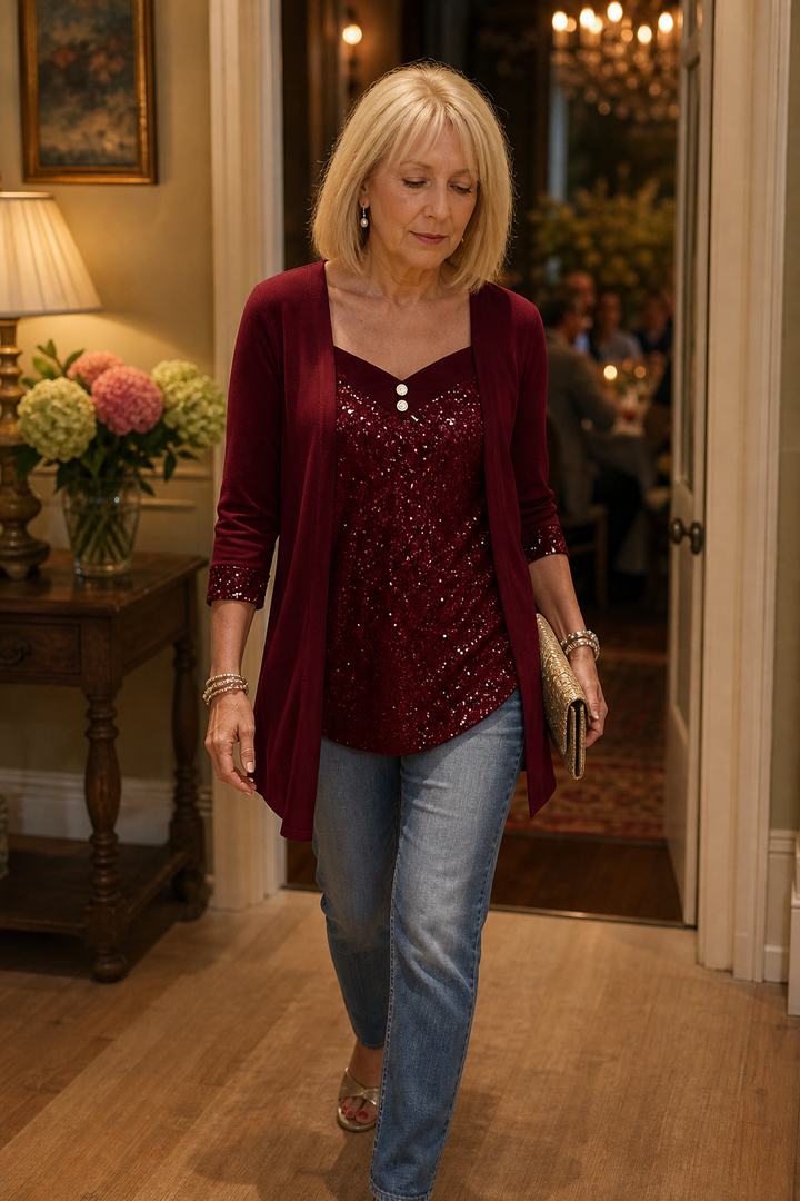 Veluxe Duo – Sequin Front Mock-Layer Evening Top