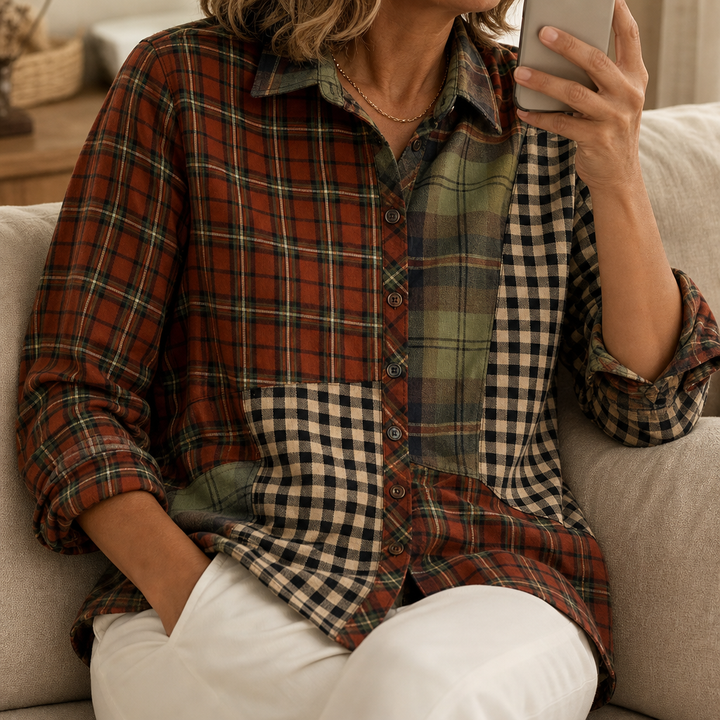 Plaidelle – Color-Block Patchwork Plaid Button-Up Shirt
